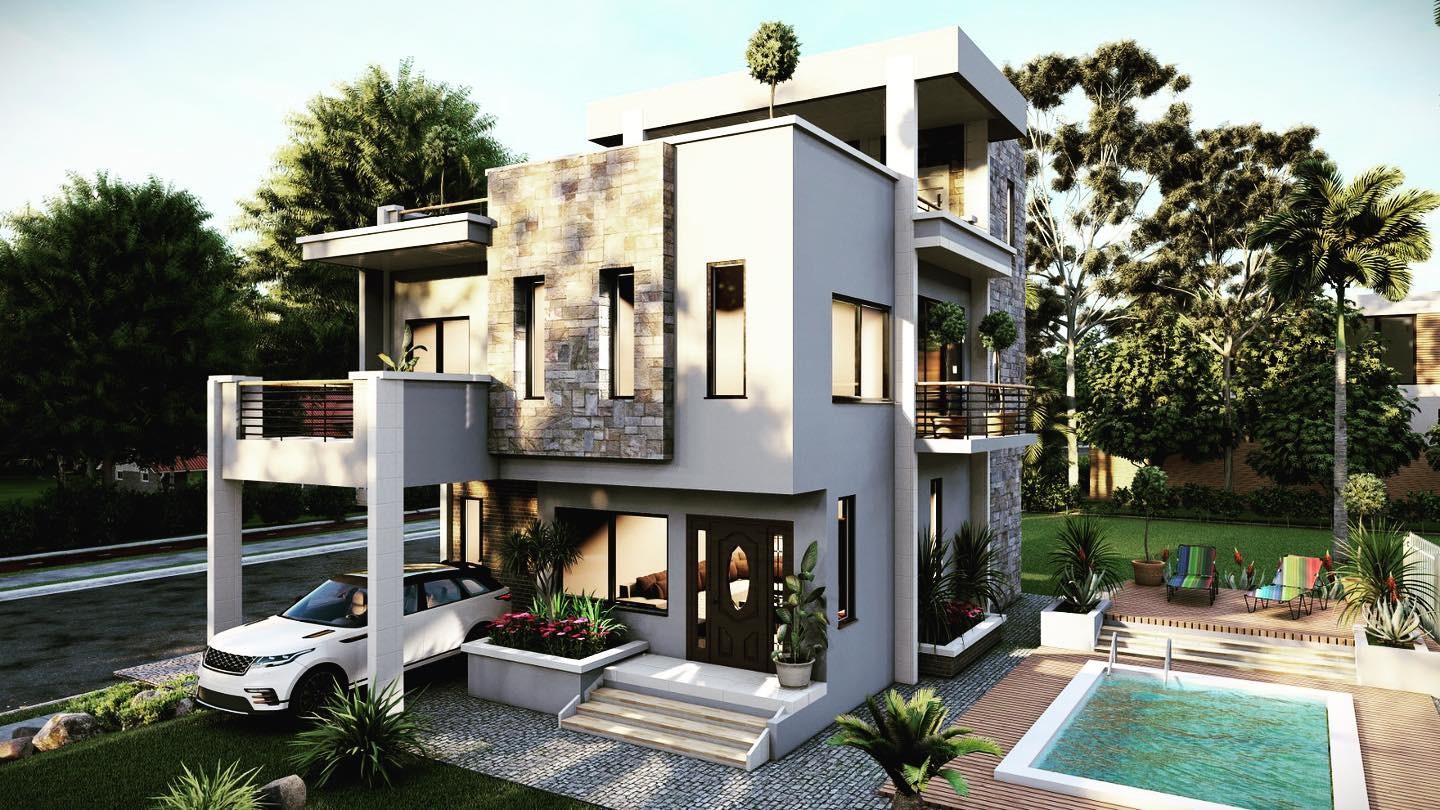 Modern 3-storey villa concept render with stone cladding, balconies and private pool — Build Wise Construct